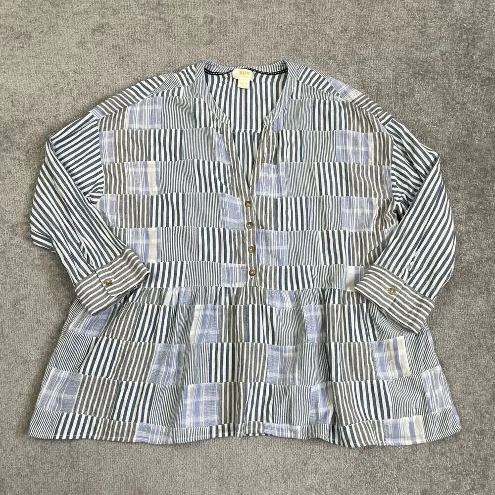 Maeve Anthropologie Twill Blue/Multi Striped Patchwork Swing Button Shirt Top M